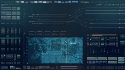 Computer screen with map, numbers, and lines.